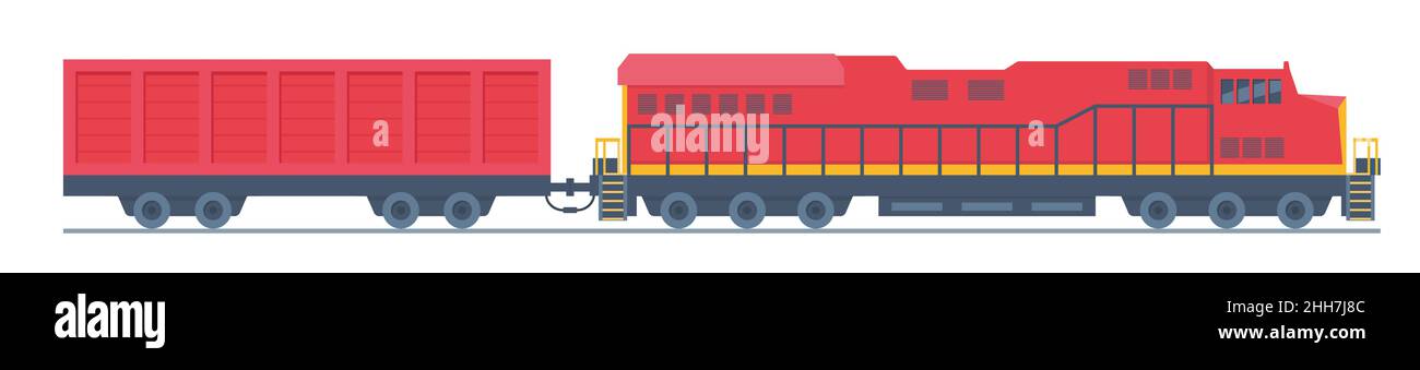 Freight train. Railway locomotive and wagon , transportation cargo. Cargo train. Modern freight traffic vector flat illustration Stock Vector