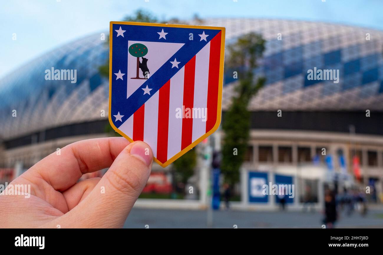 September 12, 2021, Madrid, Spain. The emblem of the football club Atletico  Madrid against the background of a modern stadium Stock Photo - Alamy