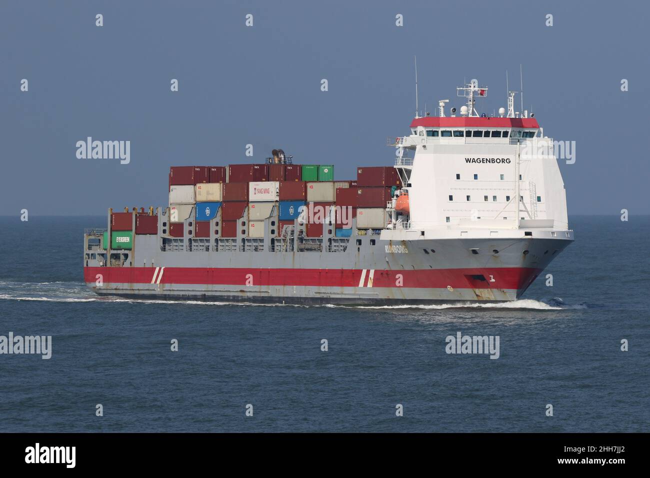 The feeder ship Rijnborg will reach the port of Rotterdam on September 4, 2021. Stock Photo