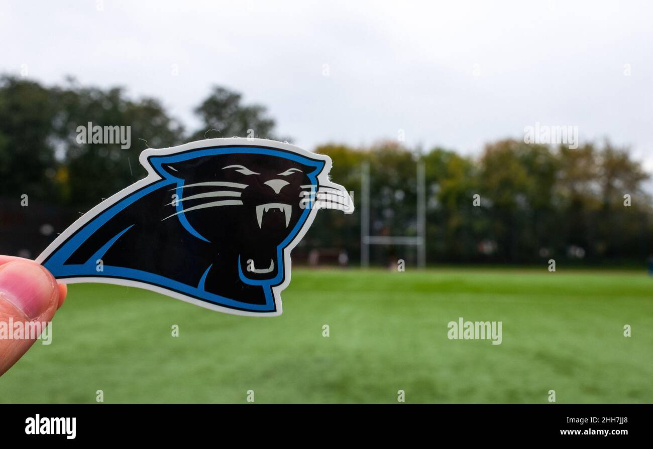 September 16, 2021, Charlotte, North Carolina. Emblem of a professional American football team Carolina Panthers based in Charlotte at the sports stad Stock Photo