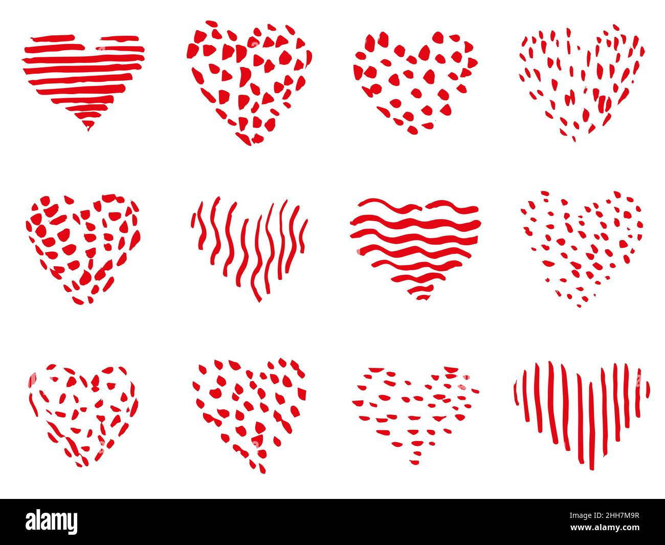 Set of Heart hand drawn doodles, sketches red color, vector Stock ...