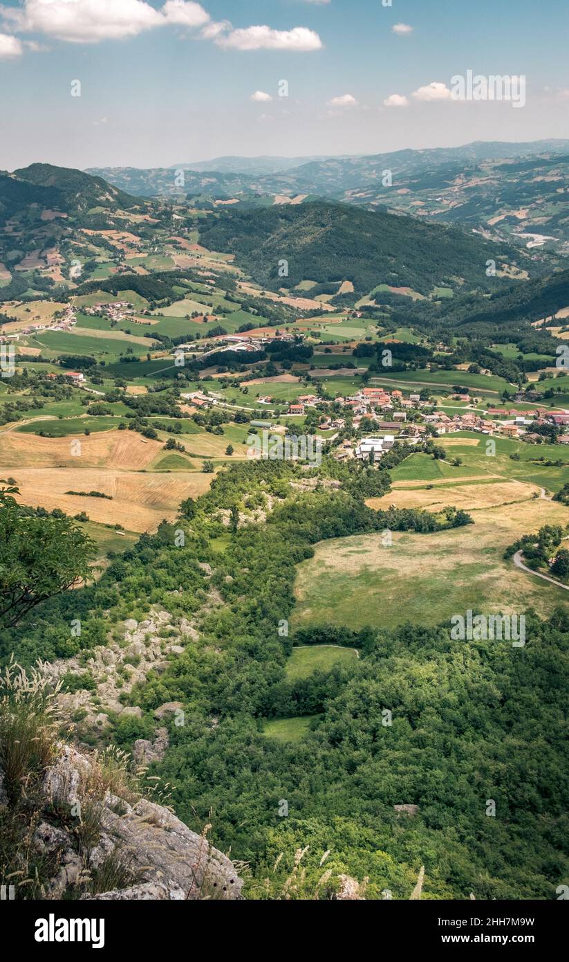 View on the large ancient landslide down the north-east slope of the Bismantova stone; Castelnovo ne Monti, Reggio Emilia, Emilia Romagna, Italy. Stock Photo