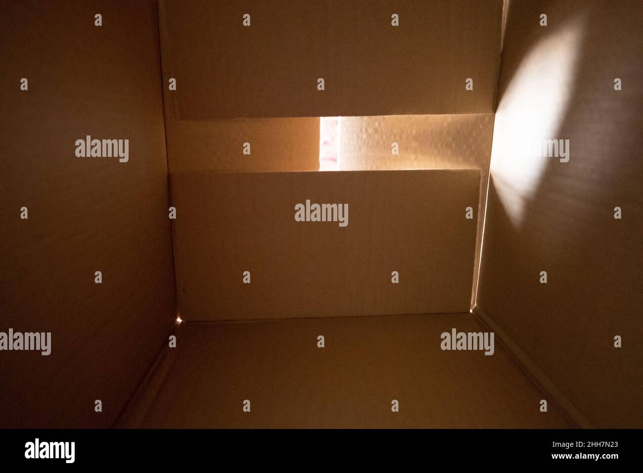 Brown cardboard box inside. Parcel concept. Light going iside. Stock Photo
