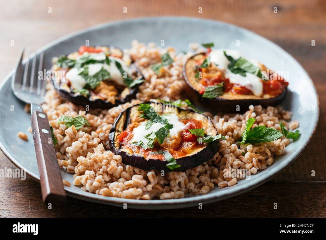 Grilled Eggplant on Farro with Tomato Sauce, Soy Yogurt and Mint Stock Photo