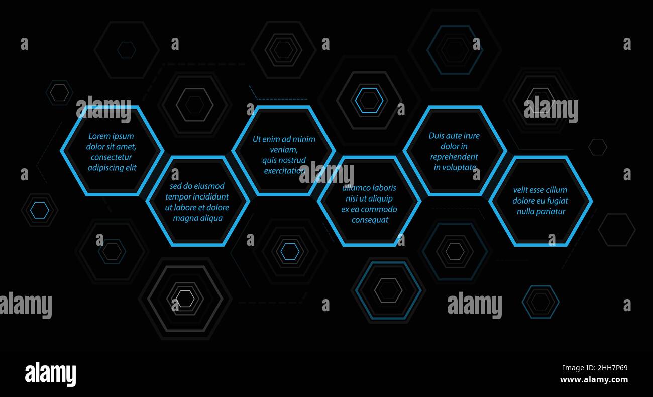 Six options dark theme infographic template with hexagonal blocks Stock Vector