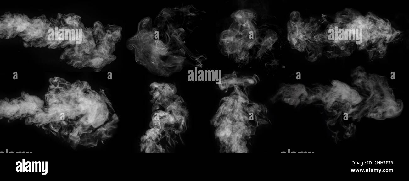 Swirling wriggling smoke steam isolated on a black background for