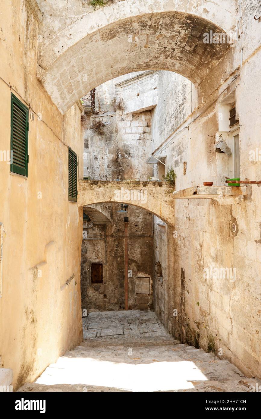 View of the typical sassi street, Mediterranean area. Matera, Basilicata, Italy. Stock Photo