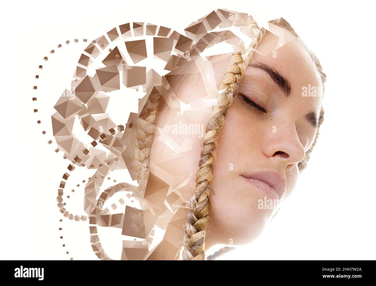 A portrait of a woman combined with 3D polyhedra in a double exposure technique. Stock Photo