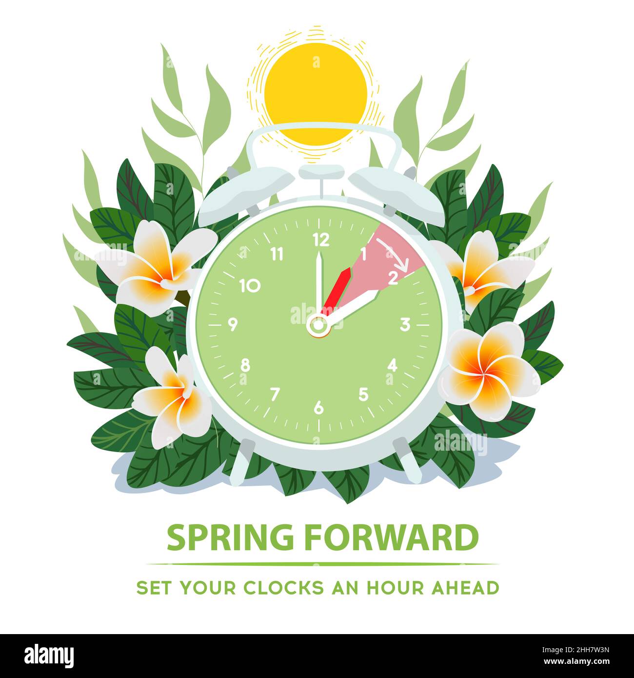 Spring Time forward. Summer clock change. Daylight saving time. Vector  Stock Vector