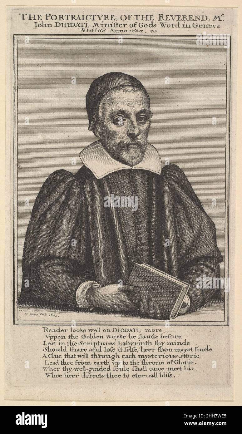 Portrait of John Diodati 1643 Wenceslaus Hollar Bohemian Portrait, half-length, seated behind a table, directed slightly to right, looking towards the viewer, holding a book lettered with 'La Sacra Bibbia'; wearing clerical cap and gown; illustration to Giovanni Diodati's 'Pious Annotations upon the Holy Bible' (London: 1643). Portrait of John Diodati  398747 Stock Photo