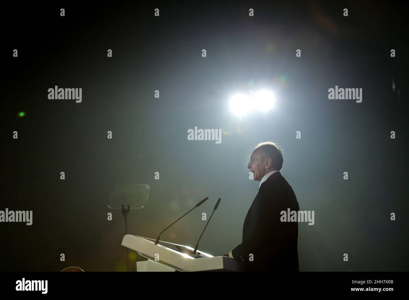 Cannes, France. 22nd Jan, 2022. Eric Zemmour seen against the light makes his speech on stage illuminated by spotlights.Eric Zemmour held an election campaign meeting at the Palais des Libertes in Cannes, during which he presented the new figures of the right who have joined his party called 'reconquete! He insisted in his will to make the union of the right, the only way he says to win the elections and promises that new members of other right-wing parties will join his political movement. (Photo by Laurent Coust/SOPA Images/Sipa USA) Credit: Sipa USA/Alamy Live News Stock Photo