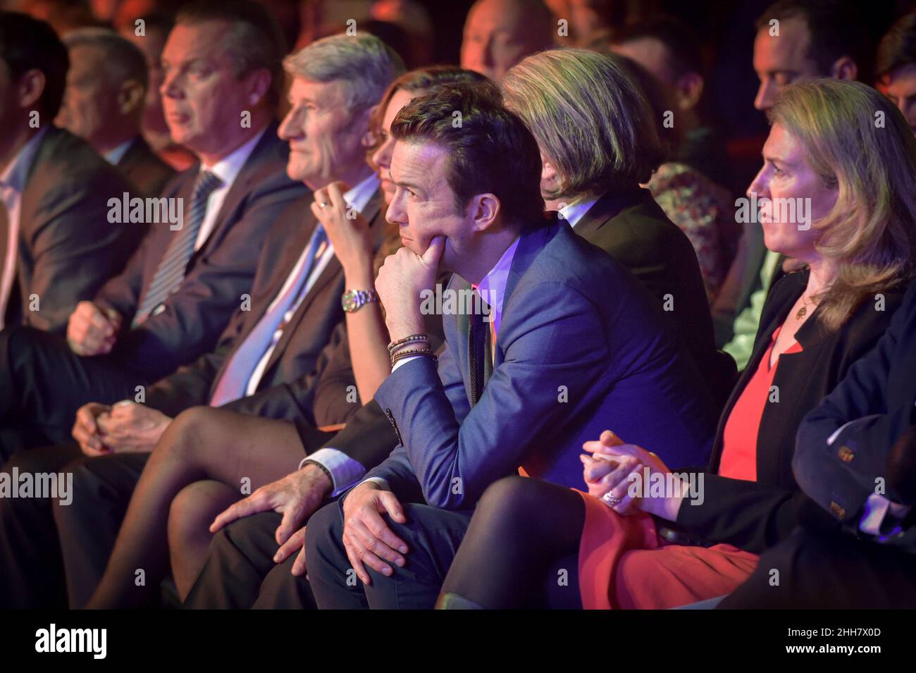 Cannes, France. 22nd Jan, 2022. Guillaume Peltier seen attentive and concentrated during Eric Zemmour's speech (off camera).Eric Zemmour held an election campaign meeting at the Palais des Libertes in Cannes, during which he presented the new figures of the right who have joined his party called 'reconquete! He insisted in his will to make the union of the right, the only way he says to win the elections and promises that new members of other right-wing parties will join his political movement. (Photo by Laurent Coust/SOPA Images/Sipa USA) Credit: Sipa USA/Alamy Live News Stock Photo