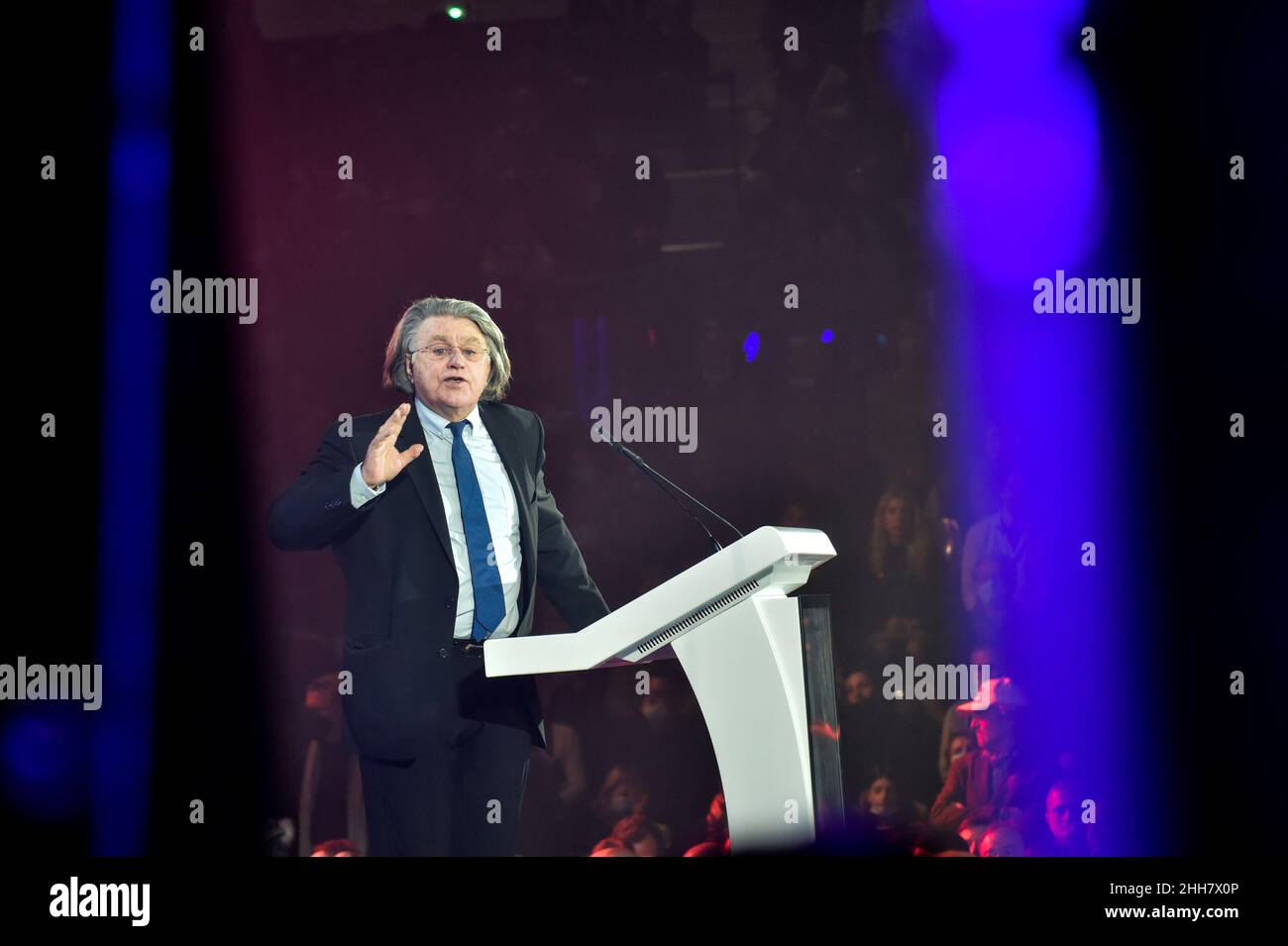 Gilbert Collard, a former member of the Rassemblement National, seen delivering his speech in support of Eric Zemmour at the opening of the meeting after announcing his departure from the RN party of Marine Le Pen.Eric Zemmour held an election campaign meeting at the Palais des Libertes in Cannes, during which he presented the new figures of the right who have joined his party called 'reconquete! He insisted in his will to make the union of the right, the only way he says to win the elections and promises that new members of other right-wing parties will join his political movement. (Photo by Stock Photo