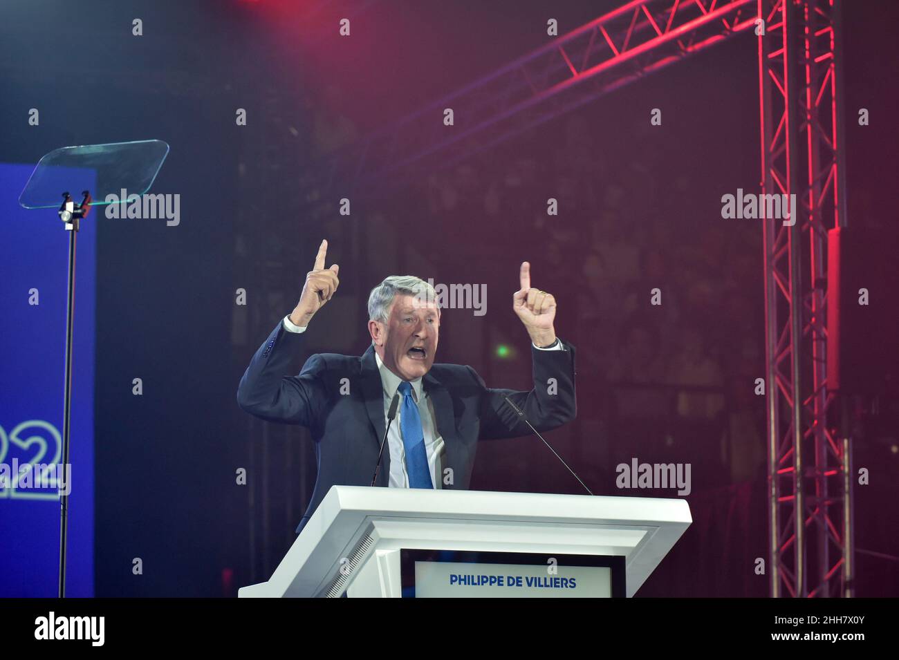 Philippe De Villiers, historical figure of the Catholic right and president of the show association 'Le Puy du Fou' seen delivering his speech of support to Eric Zemmour at the opening of the meeting.Eric Zemmour held an election campaign meeting at the Palais des Libertes in Cannes, during which he presented the new figures of the right who have joined his party called 'reconquete! He insisted in his will to make the union of the right, the only way he says to win the elections and promises that new members of other right-wing parties will join his political movement. (Photo by Laurent Coust Stock Photo