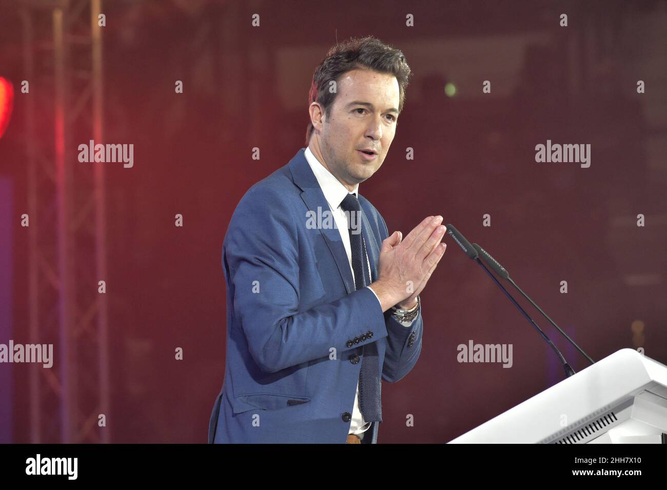 Guillaume Peltier, new member of the Reconquete party, former member of the Les Republicains (LR) party seen delivering his speech at the opening of the meeting.Eric Zemmour held an election campaign meeting at the Palais des Libertes in Cannes, during which he presented the new figures of the right who have joined his party called 'reconquete! He insisted in his will to make the union of the right, the only way he says to win the elections and promises that new members of other right-wing parties will join his political movement. (Photo by Laurent Coust/SOPA Images/Sipa USA) Stock Photo