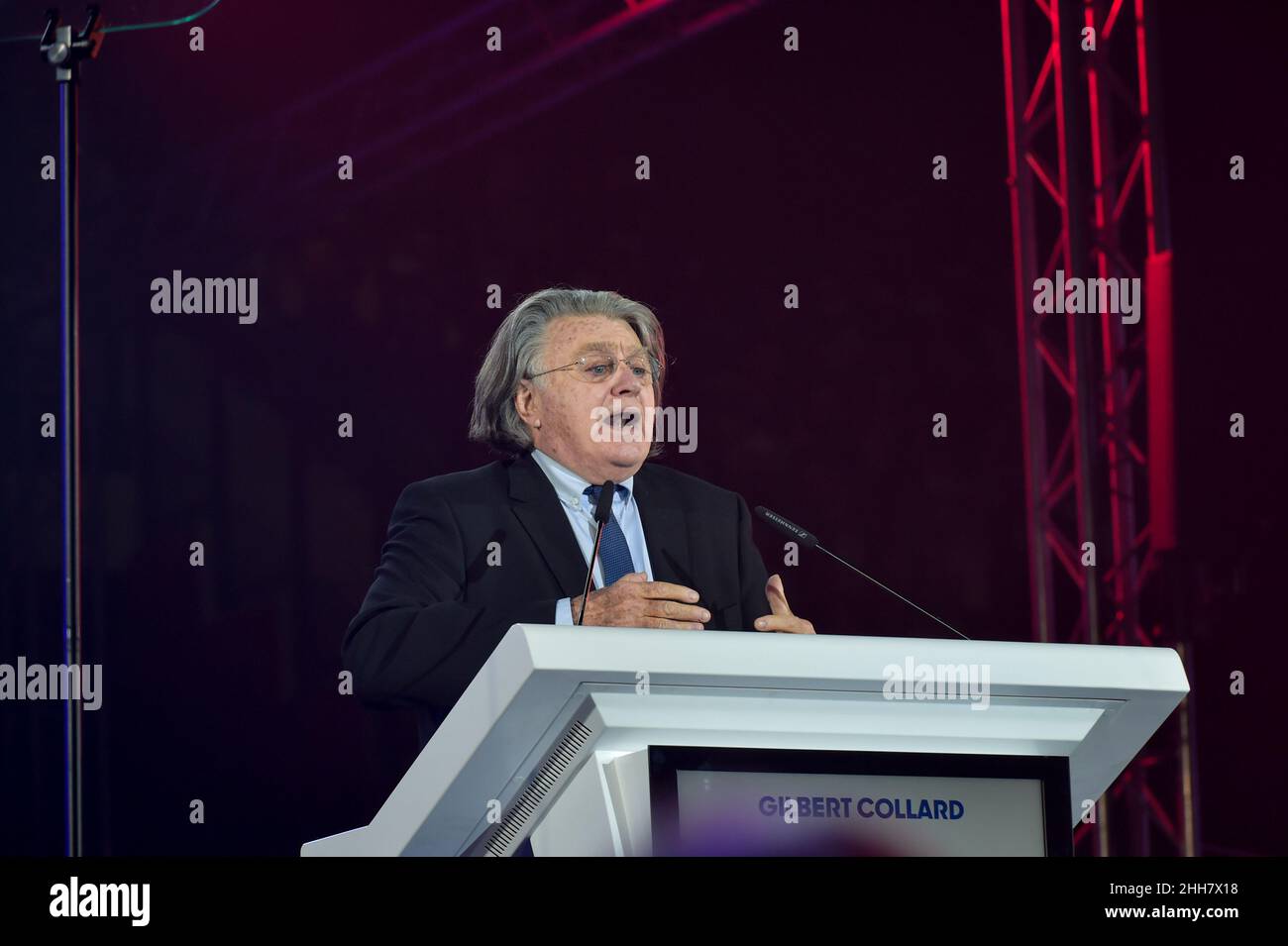 Gilbert Collard, a former member of the Rassemblement National, seen delivering his speech in support of Eric Zemmour at the opening of the meeting after announcing his departure from the RN party of Marine Le Pen.Eric Zemmour held an election campaign meeting at the Palais des Libertes in Cannes, during which he presented the new figures of the right who have joined his party called 'reconquete! He insisted in his will to make the union of the right, the only way he says to win the elections and promises that new members of other right-wing parties will join his political movement. (Photo by Stock Photo