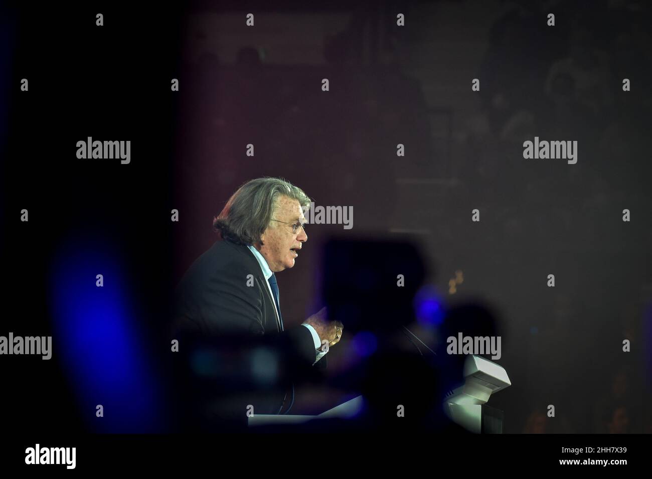 Gilbert Collard, a former member of the Rassemblement National, seen delivering his speech in support of Eric Zemmour at the opening of the meeting after announcing his departure from the RN party of Marine Le Pen.Eric Zemmour held an election campaign meeting at the Palais des Libertes in Cannes, during which he presented the new figures of the right who have joined his party called 'reconquete! He insisted in his will to make the union of the right, the only way he says to win the elections and promises that new members of other right-wing parties will join his political movement. (Photo by Stock Photo