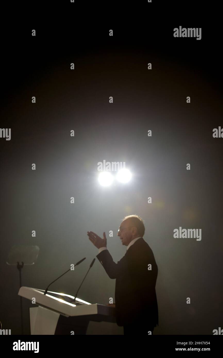 Cannes, France. 22nd Jan, 2022. Eric Zemmour seen against the light makes his speech on stage illuminated by spotlights.Eric Zemmour held an election campaign meeting at the Palais des Libertes in Cannes, during which he presented the new figures of the right who have joined his party called 'reconquete! He insisted in his will to make the union of the right, the only way he says to win the elections and promises that new members of other right-wing parties will join his political movement. (Photo by Laurent Coust/SOPA Images/Sipa USA) Credit: Sipa USA/Alamy Live News Stock Photo