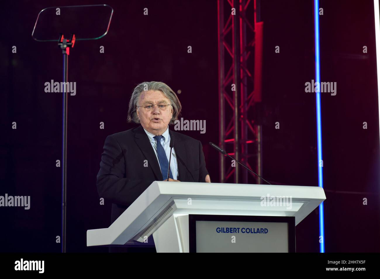Gilbert Collard, a former member of the Rassemblement National, seen delivering his speech in support of Eric Zemmour at the opening of the meeting after announcing his departure from the RN party of Marine Le Pen.Eric Zemmour held an election campaign meeting at the Palais des Libertes in Cannes, during which he presented the new figures of the right who have joined his party called 'reconquete! He insisted in his will to make the union of the right, the only way he says to win the elections and promises that new members of other right-wing parties will join his political movement. (Photo by Stock Photo