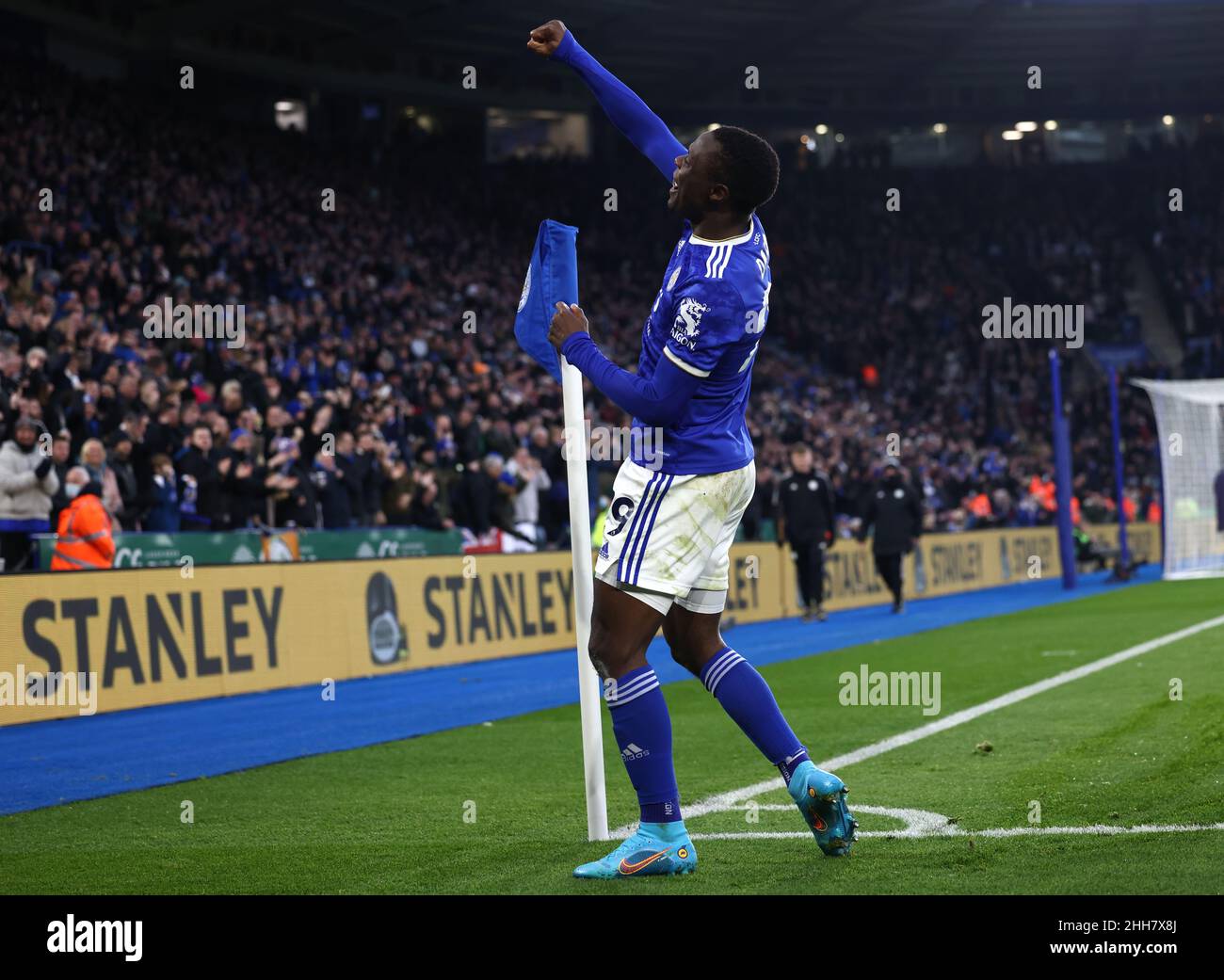 Leicester, UK. 23rd Jan, 2022. Patson Daka of Leicester City celebrates scoring their first goal during the Premier League match at the King Power Stadium, Leicester. Picture credit should read: Darren Staples/Sportimage Credit: Sportimage/Alamy Live News Stock Photo