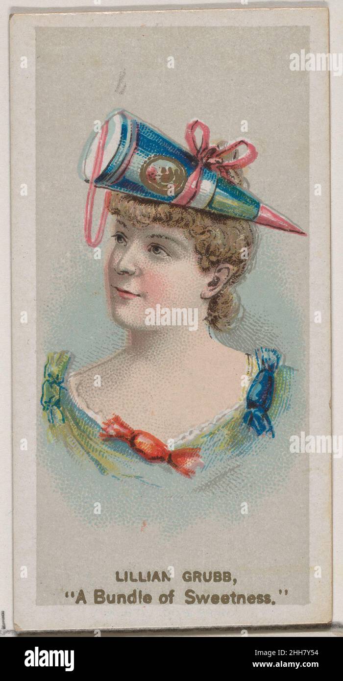 Lillian Grubb as 'A Bundle of Sweetness,' from the series Fancy Dress Ball Costumes (N73) for Duke brand cigarettes 1889 Issued by W. Duke, Sons & Co. American Trade cards from the 'Fancy Dress Ball Costumes' series (N73), issued in a set of 50 cards in 1889 to promote W. Duke Sons & Co. brand cigarettes.. Lillian Grubb as 'A Bundle of Sweetness,' from the series Fancy Dress Ball Costumes (N73) for Duke brand cigarettes. 1889. Commercial color lithograph. Issued by W. Duke, Sons & Co. (New York and Durham, N.C.) Stock Photo