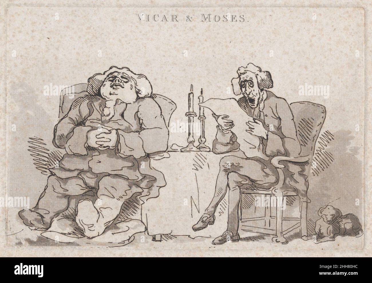 Vicar & Moses 1786 Thomas Rowlandson A stout man wearing a wig and clerical bands dozes in a chair, his gouty bandaged leg supported by a pillow. A thin companion at right reads at a table that supports two lit candles. A dog sleeps on the floor next to the reader's chair.. Vicar & Moses. Thomas Rowlandson (British, London 1757–1827 London). 1786. Etching and aquatint; before publication line. William Holland (British, 1757–1815). Prints Stock Photo