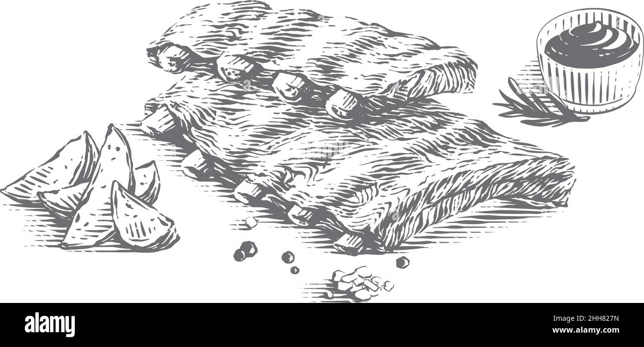 pork ribs hand drawing sketch engraving illustration style Stock Vector