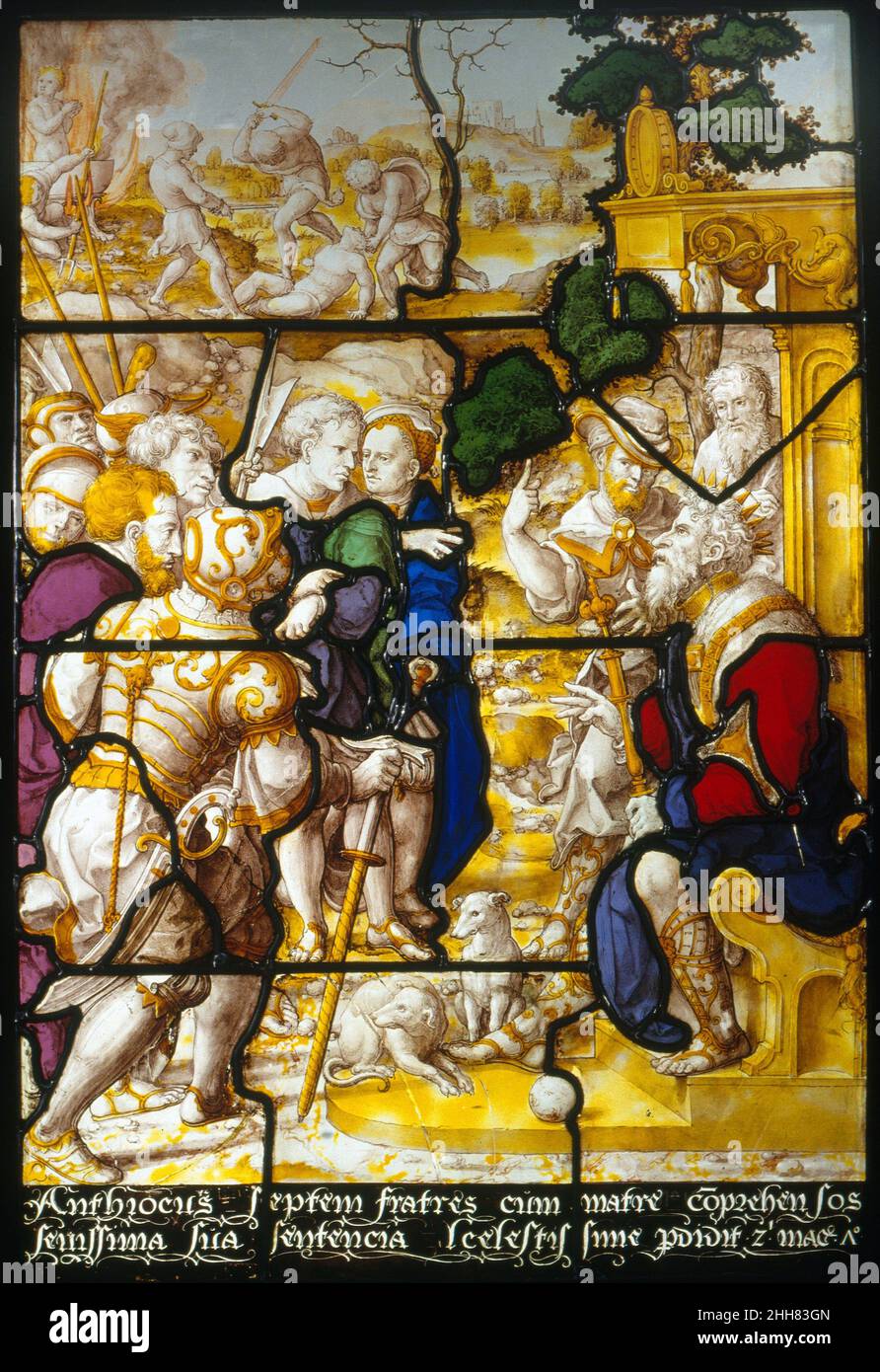 Martyrdom of the Seven Maccabee Brothers and Their Mother ca. 1530–35 Designed and executed by Dirck Vellert Netherlandish As the finesse of this window reveals, Vellert was a great designer who also excelled in the technical craft of glass painting—usually the realms of two distinct professions. Albrecht Dürer’s diary of his Netherlandish travels reveals that the two master artists shared social circles, describing an evening hosted by the wealthy and successful Vellert: 'Master [Dirck], the Antwerp glass painter, invited me and asked many others to meet me; and among them especially Alexande Stock Photo