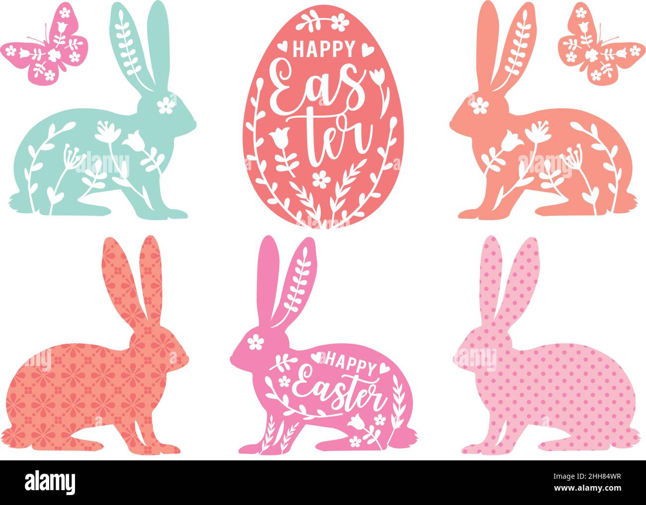 Easter egg and bunnies silhouettes with floral pattern, set of vector graphic design elements on white background Stock Vector