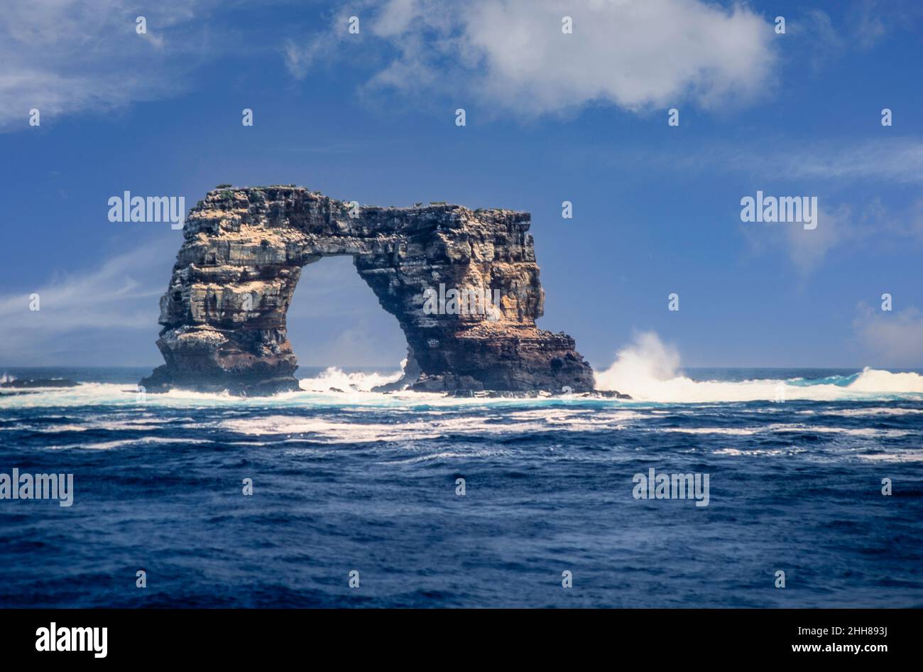 Darwin's Arch was a natural rock arch feature to the south-east of Darwin Island in the Gal‡pagos Archipelago in the Pacific Ocean, and is now a pilla Stock Photo