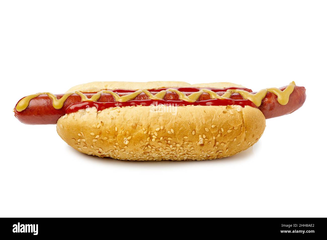 Hot Dog with huge sausage mustard and ketchup on white background Stock Photo