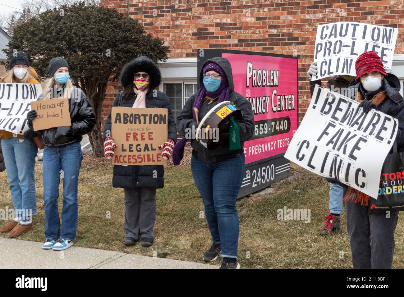Southfield, Michigan - Abortion rights activists picket the Problem Pregnancy Center, which they said was a 'phony clinic' with an anti-abortion agend Stock Photo
