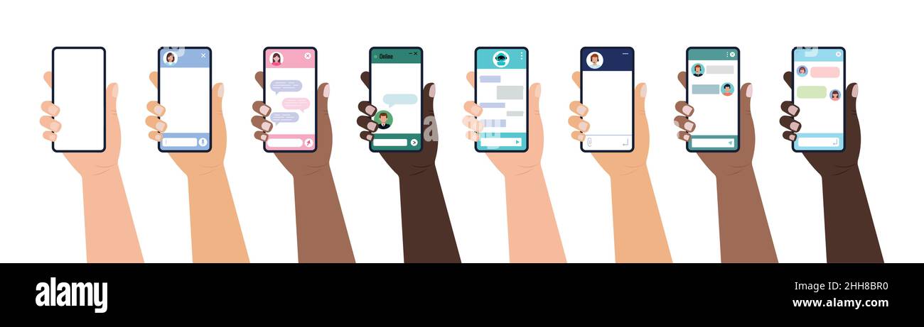 Chat bot dialoge windows on smartphone screen flat design set isolated. Stock Vector