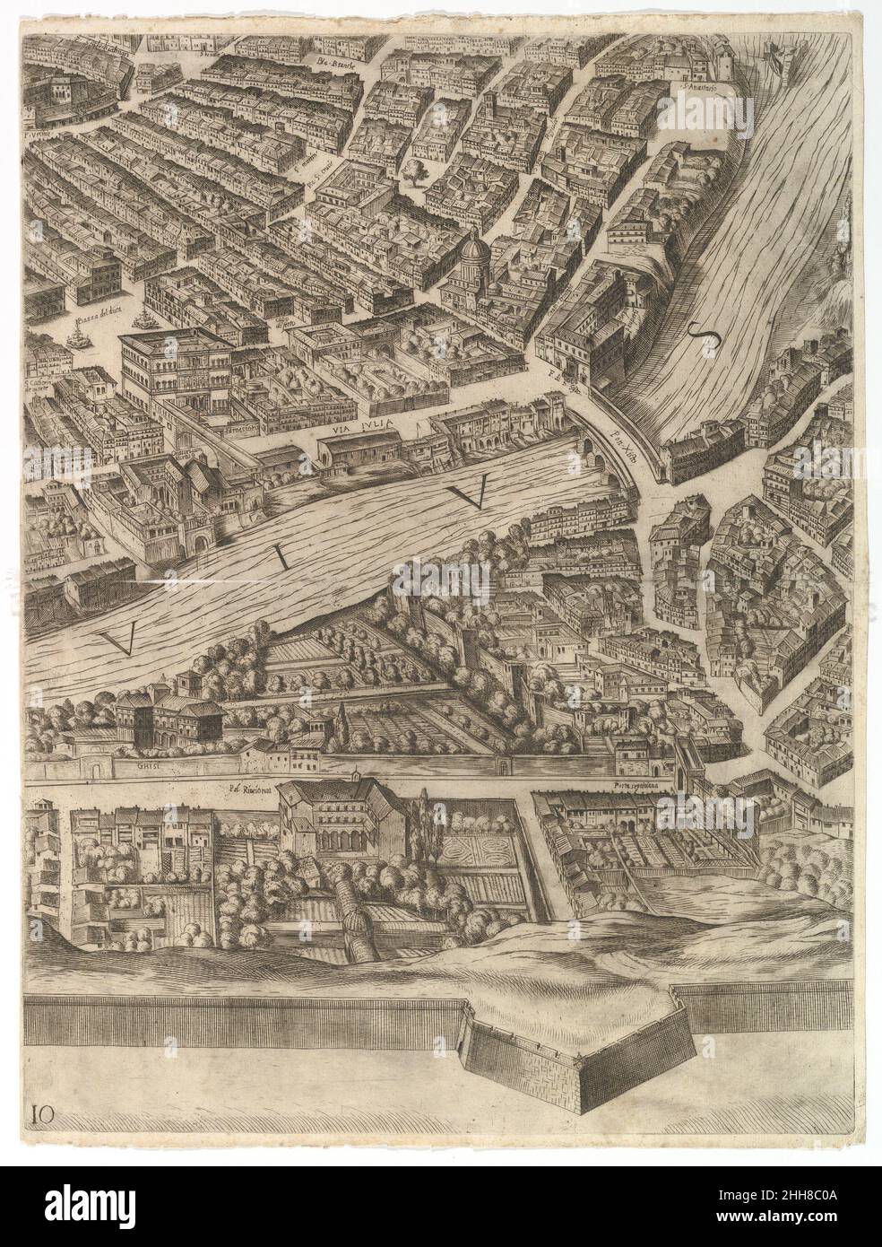 Plan of the City of Rome. Part 10 with the Tiber and the Villa Farnesina 1645 Antonio Tempesta Italian Part of the lower half of the map of Rome. Depicted is a central part of the city with a view of both the left and right bank. On the left bank the Villa Farnesina can be identified.. Plan of the City of Rome. Part 10 with the Tiber and the Villa Farnesina  414812 Stock Photo