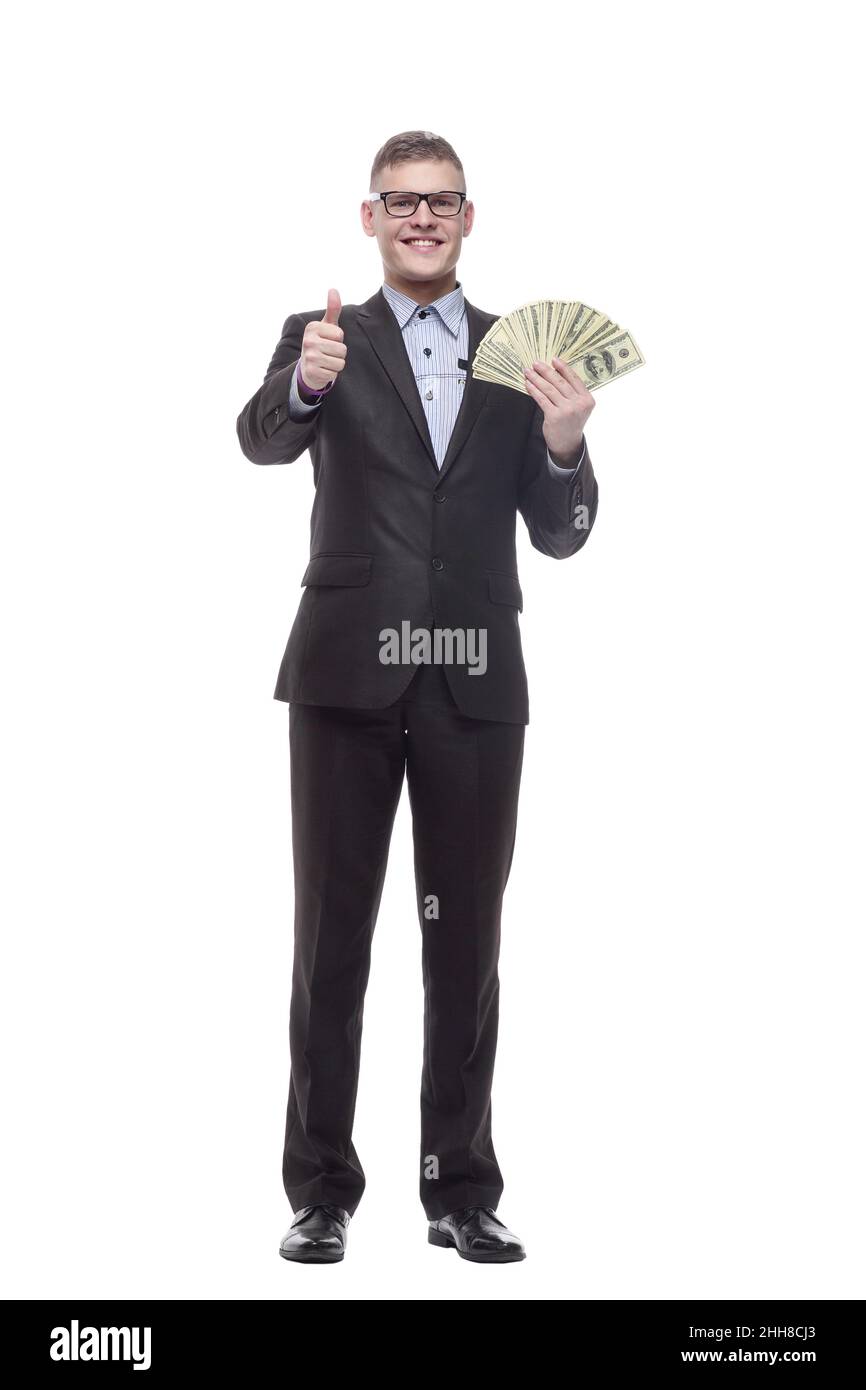 in full growth. happy young businessman with cash banknotes Stock Photo ...