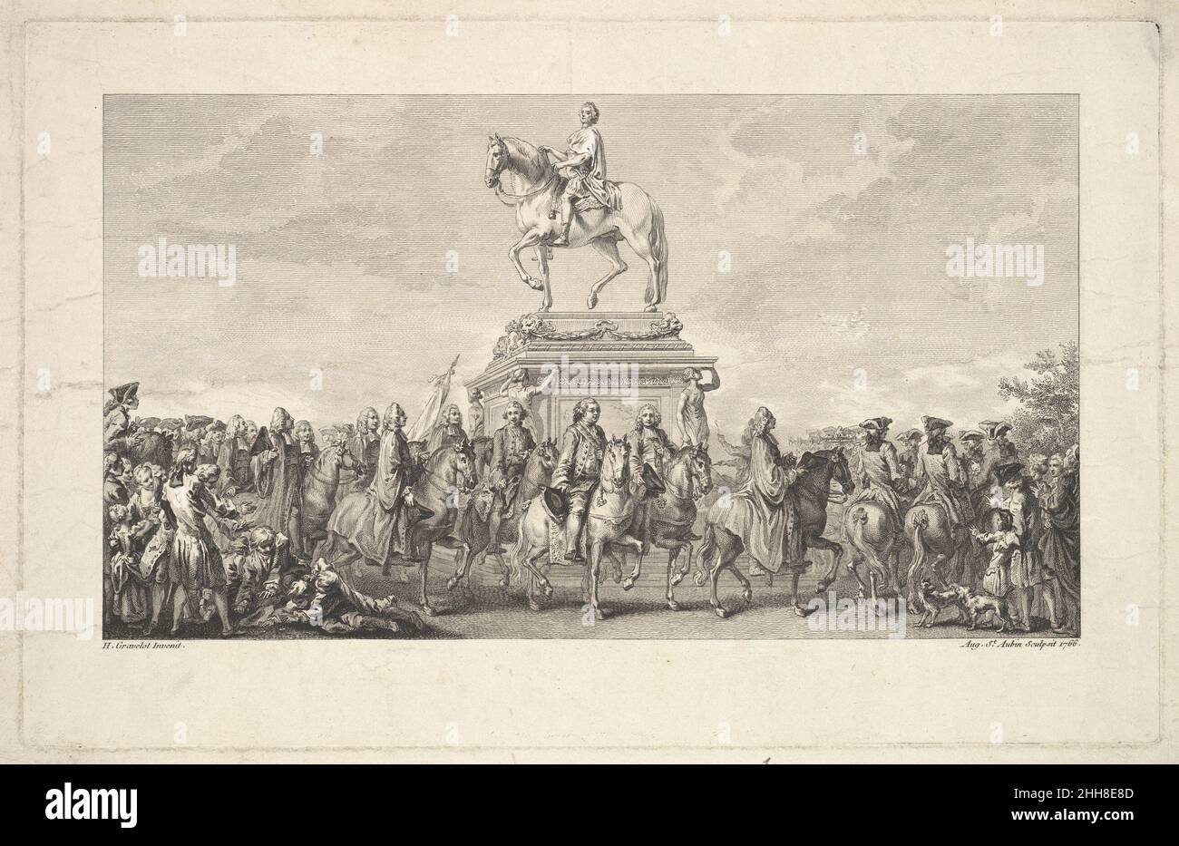 The Inauguration of the Statue of Louis XV, Vignette on page 1, from Description des Travaux qui ont précédé. accompagné et suivi la fonte en bronze d'un seul jet de la Statue Equèstre de Louis XV le bien-aimé dressée sur les mémoires de M. Lempereur ancien Echevin. Par M. Mariette, Honoraire amateur de l'Académie Royale de Peinture et Sculpture, A Paris de l'Imprimerie de P.G. Le Mercier 1766 Augustin de Saint-Aubin French. The Inauguration of the Statue of Louis XV, Vignette on page 1, from Description des Travaux qui ont précédé. accompagné et suivi la fonte en bronze d'un seul jet de la St Stock Photo