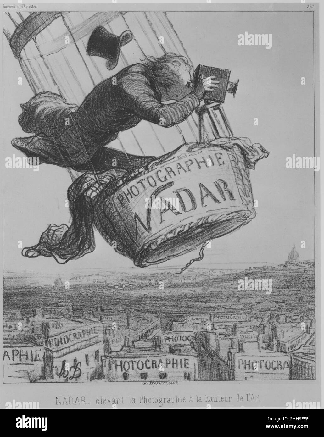 Cartoon, French photographer Nadar in a hot air balloon