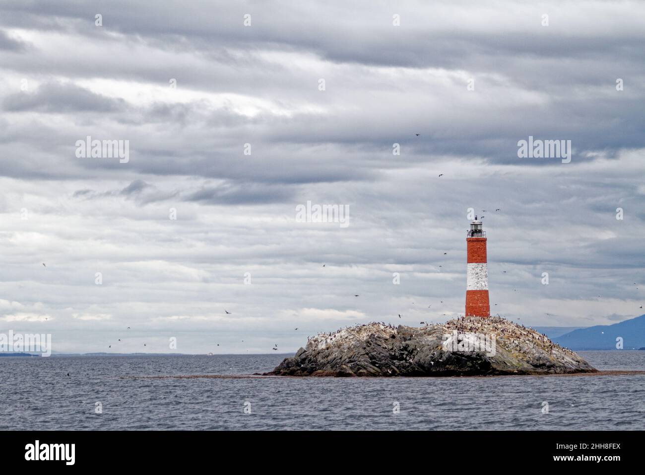 Les Eclaireurs Lighthouse - The Lighthouse at the End of the World, in the Beagle Channel near Ushuaia, Tierra del Fuego, southern Argentina Stock Photo