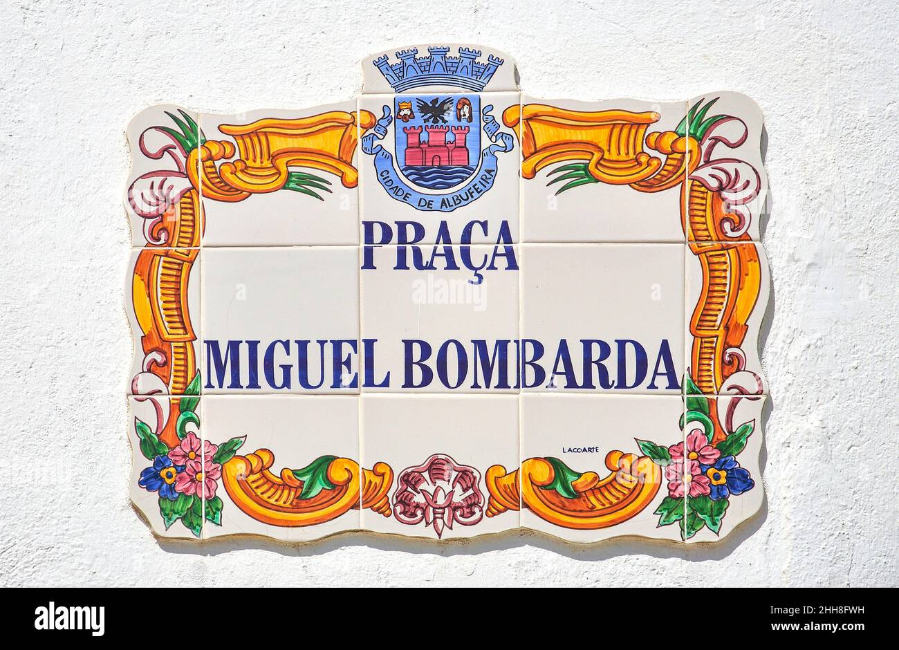 Ceramic sign, Praca Miguel Bombarda, Old Town, Albufeira, Algarve Region, Portugal Stock Photo