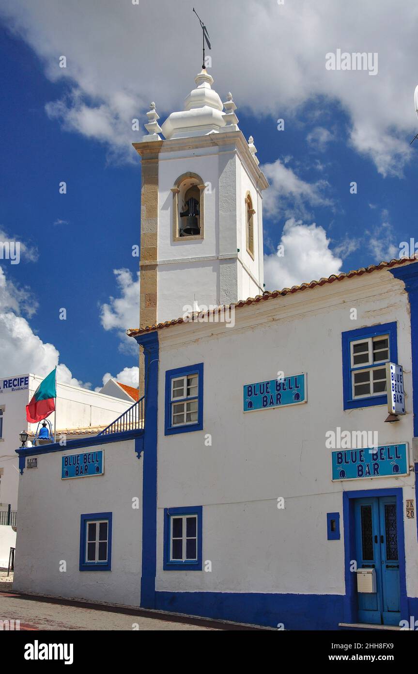 Blue Bell Bar and Igreja de Matriz bell tower, Albufeira, Algarve Region, Portugal Stock Photo