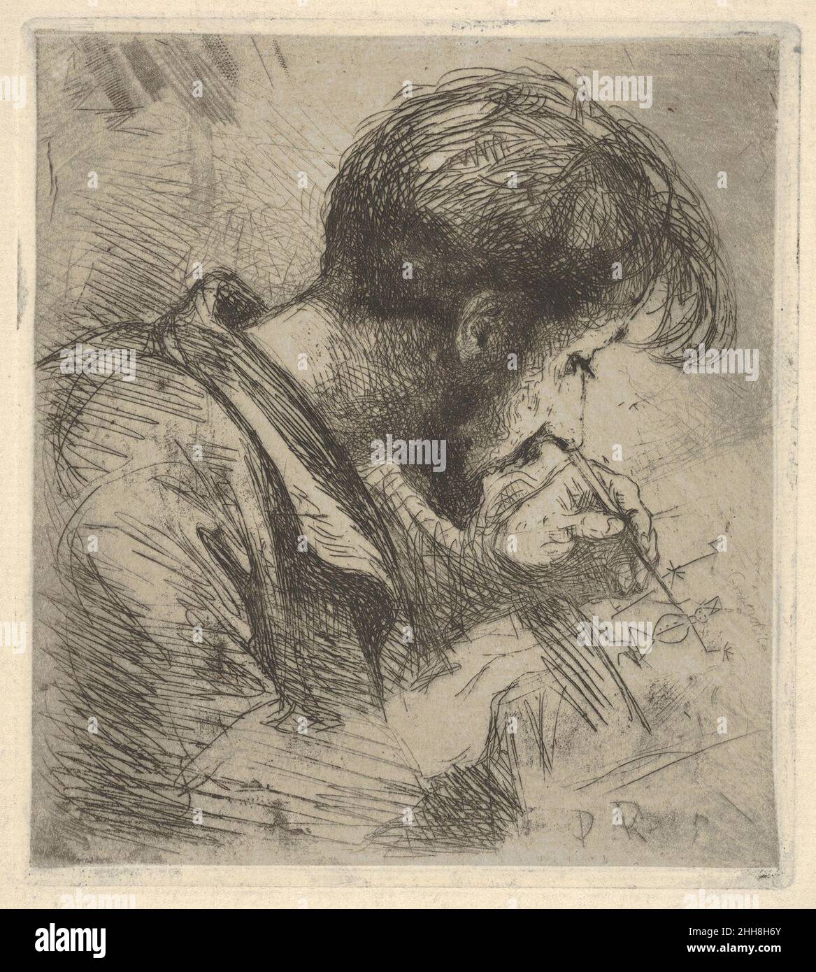 Portrait of Paul Rajon 1867 Emile Boilvin French In this small, sketch-like portrait, Boilvin shows Rajon working intently over an etching plate. The two printmakers were friends since their student days in Metz. Boilvin is gently satirical in his portrayal, making a childlike drawing the product of Rajon's intense concentration. Following Rajon's untimely death in 1888, the portrait acquired an added poignancy and greater public exposure in the 1890s. It was included in the large exhibition of contemporary etching at the Ecole des Beaux-Arts in 1896 and two years later, the French monthly jou Stock Photo