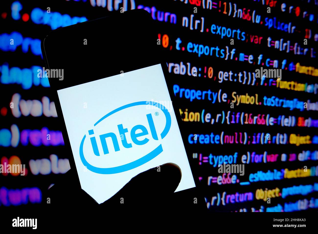 In this photo illustration an Intel logo seen on a smartphone Stock ...