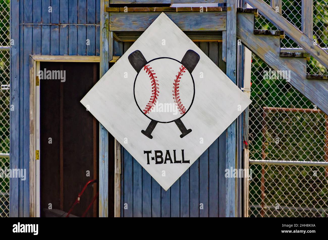 A tee ball sign hangs outside a teeball field at Zirlott Park, July 13