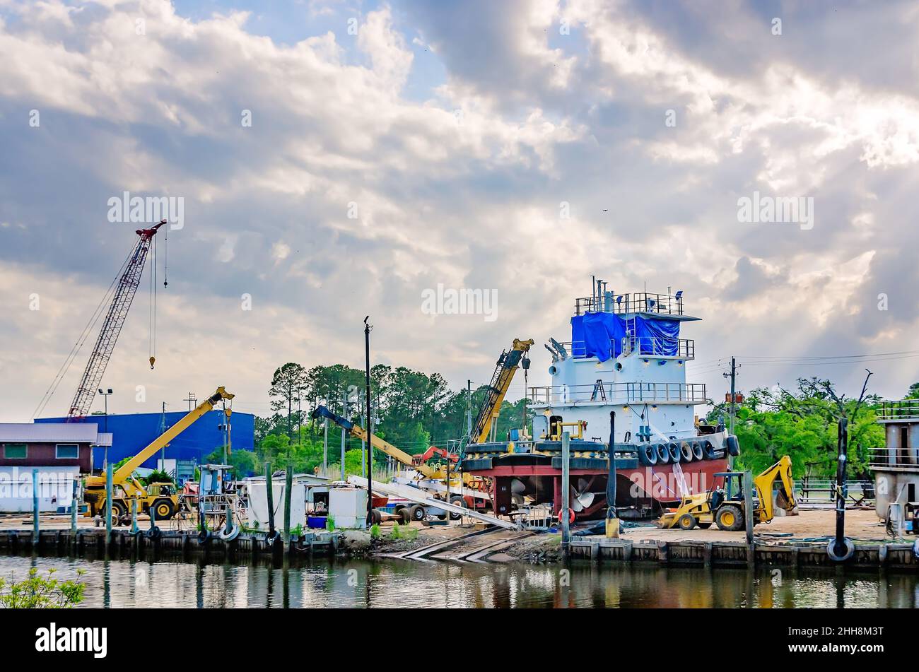 A tugboat is built at Rodriguez Shipbuilding, April 27, 2021, in Coden, Alabama. Rodriguez Shipbuilding was founded in 1976. Stock Photo