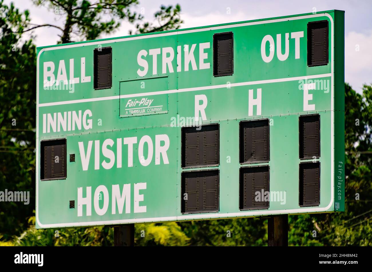A blank baseball scoreboard is pictured at Zirlott Park, July 13, 2021, in Bayou La Batre, Alabama. Stock Photo