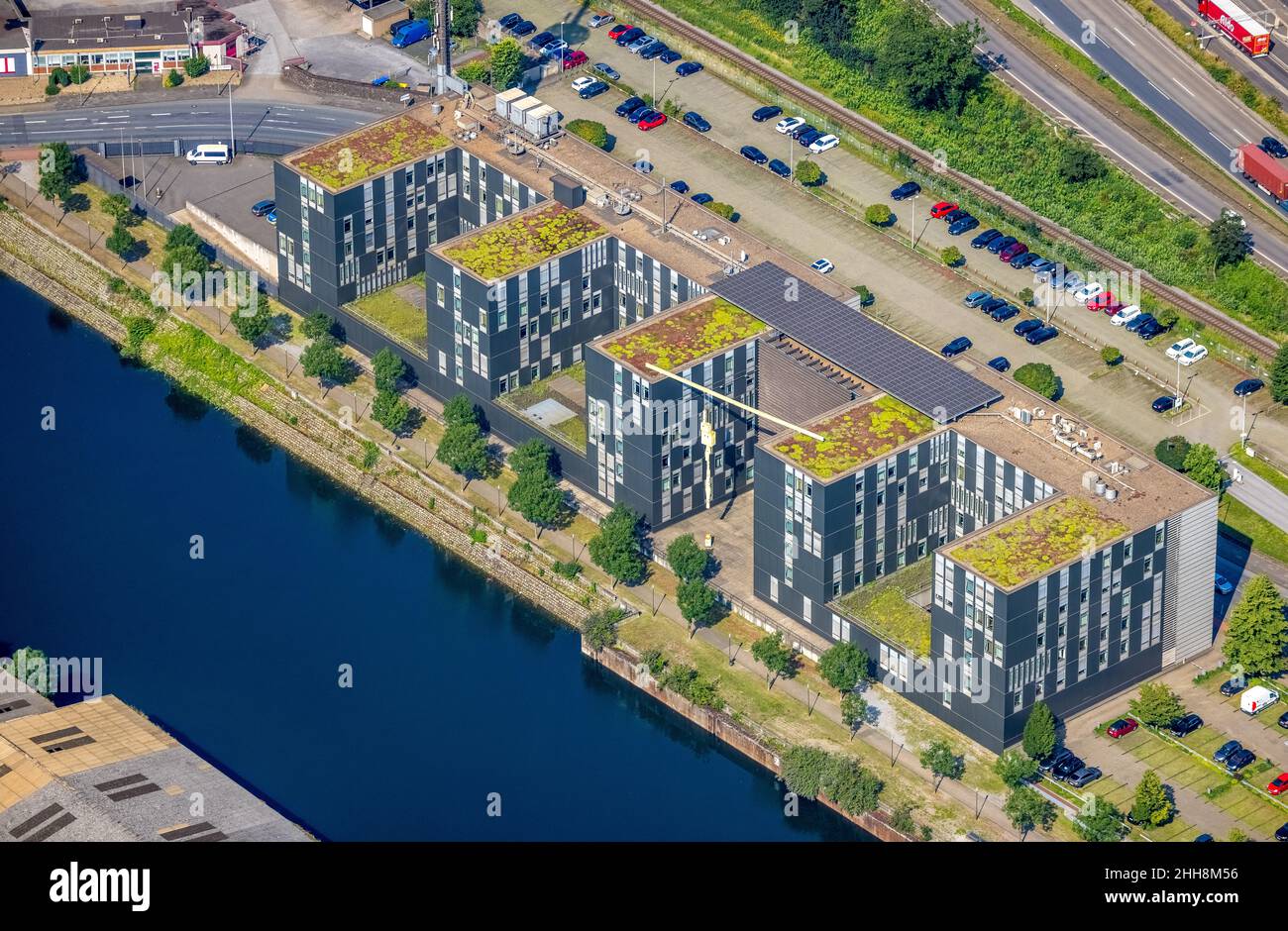 Aerial photograph, Landesamt für Zentrale Polizeiliche Dienste NRW im Innenhafen, Kaßlerfeld, Duisburg, Ruhrgebiet, North Rhine-Westphalia, Germany, e Stock Photo