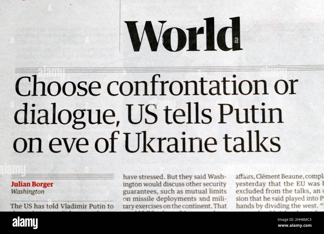 'Choose confrontation or dialogue, US tells Putin on eve of Ukraine talks' Guardian political newspaper headline on 10 January 2022 London UK Stock Photo
