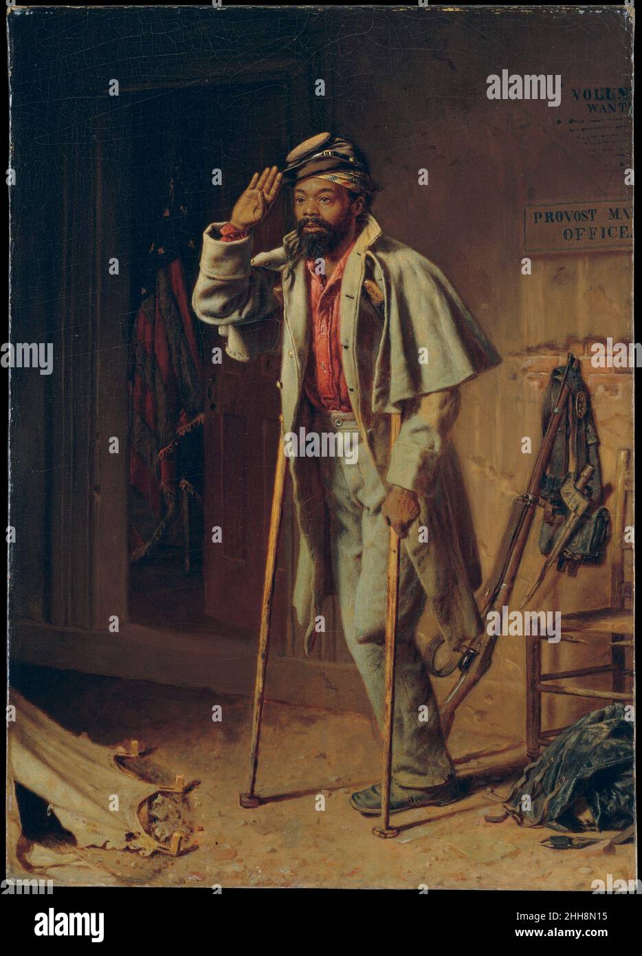 A Bit of War History: The Veteran 1866 Thomas Waterman Wood American This work, painted at the close of the Civil War, forms a narrative triptych (84.12a, b, c) of African American military service. In 'The Contraband' (84.12a)—a term that referred to enslaved people who fled to Union lines at the beginning of the conflict—the self-emancipated man appears in a U.S. Army Provost Marshall General office, eager to enlist. The Recruit (84.12b) represents him as proudly ready for military service. In 'The Veteran' (84.12c), he is depicted as an amputee possibly seeking his pension in the same offic Stock Photo