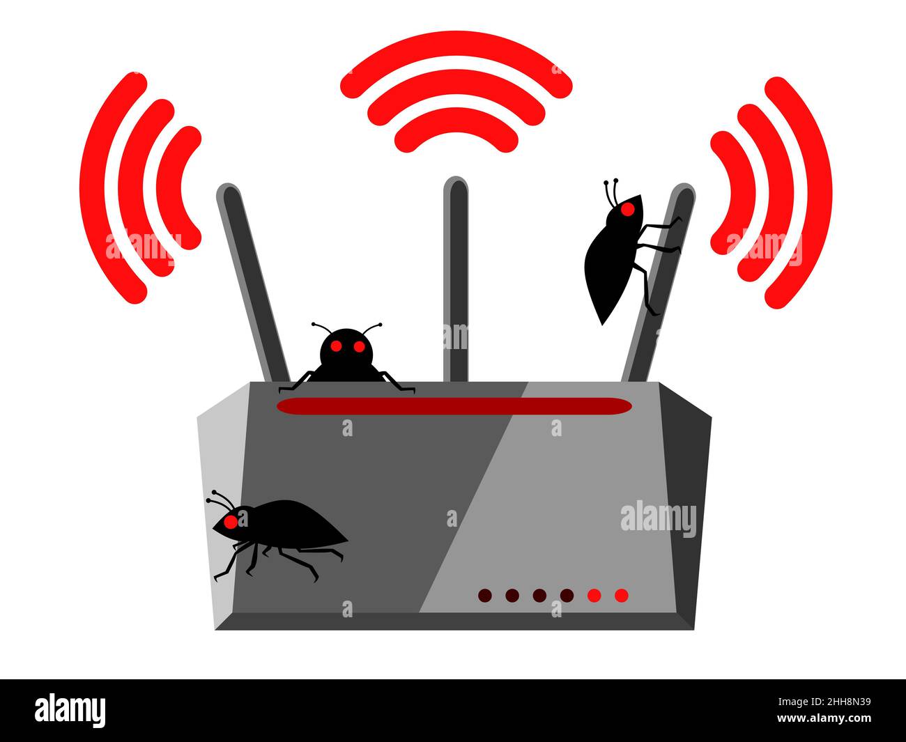 Illustration of wireless router with three Wi-Fi antennas and bugs which  has been hacked and is nfected Stock Photo - Alamy