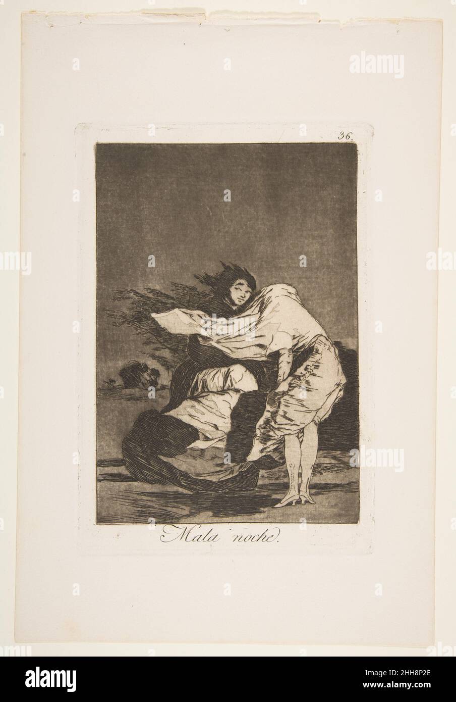 Plate 36 from 'Los Caprichos': A bad night (Mala noche.) 1881–86 Goya (Francisco de Goya y Lucientes) Spanish. Plate 36 from 'Los Caprichos': A bad night (Mala noche.)  380473 Artist: Goya (Francisco de Goya y Lucientes), Spanish, Fuendetodos 1746?1828 Bordeaux, Plate 36 from 'Los Caprichos: A bad night (Mala noche.), 1881?86, Etching and burnished aquatint, Plate: 8 7/16 x 6 in. (21.5 x 15.2 cm) Sheet: 12 5/16 ? 8 1/4 in. (31.3 ? 21 cm). The Metropolitan Museum of Art, New York. Gift of Mrs. Grafton H. Pyne, 1951 (51.530.1(36)) Stock Photo